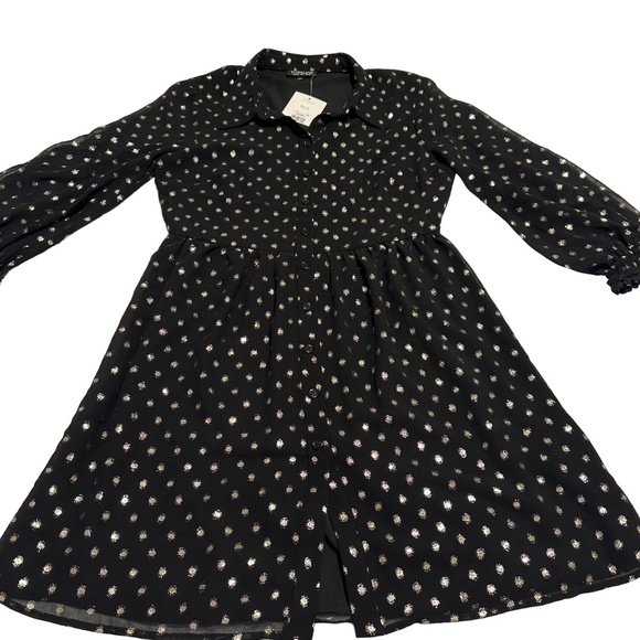 Topshop: Women's Gold Polka Dot Button-Up Midi Black Dress with Long Sleeves - Picture 2 of 3